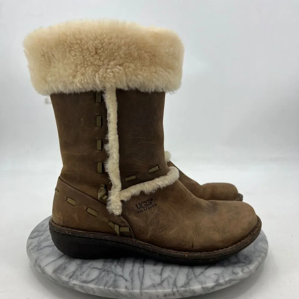 UGG Womens‎ 9 Boots Elijo Brown Leather Cuff Lined Sheepskin Faux Fur Shearling